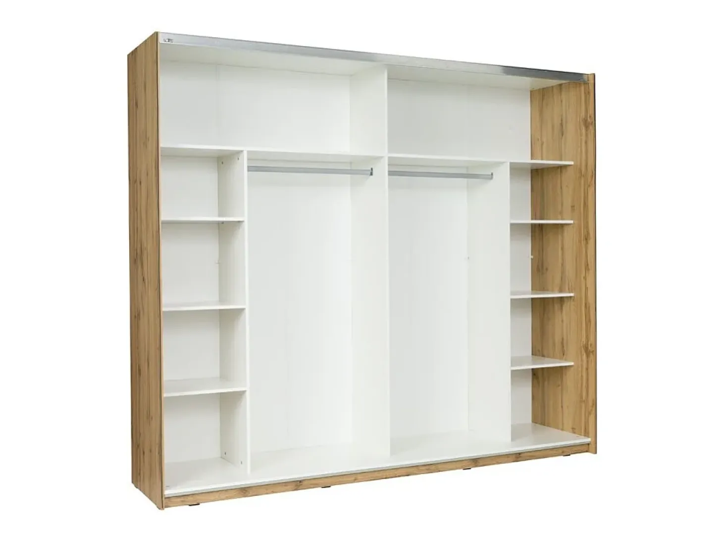 Quarto completo WOOD em carvalho e branco. Cama + armário + cômoda + 2 criados-mudos