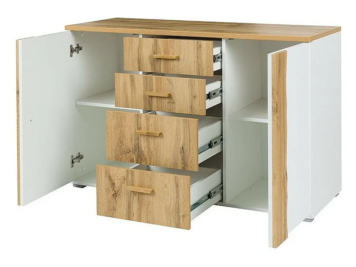 Quarto completo WOOD em carvalho e branco. Cama + armário + cômoda + 2 criados-mudos
