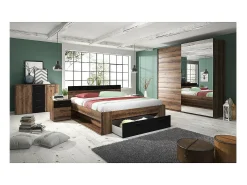Quarto EOS: Guarda-roupa, Cama 180x200, cômoda, mesinhas de cabeceira. Cor carvalho escuro e preto.