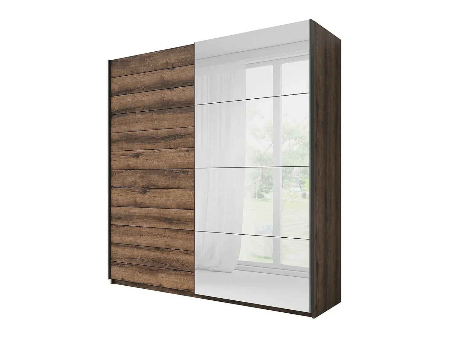 Quarto EOS: Guarda-roupa de 2 metros, Cama 180x200, Cômoda, Mesinhas de cabeceira. Cor carvalho escuro e preto.