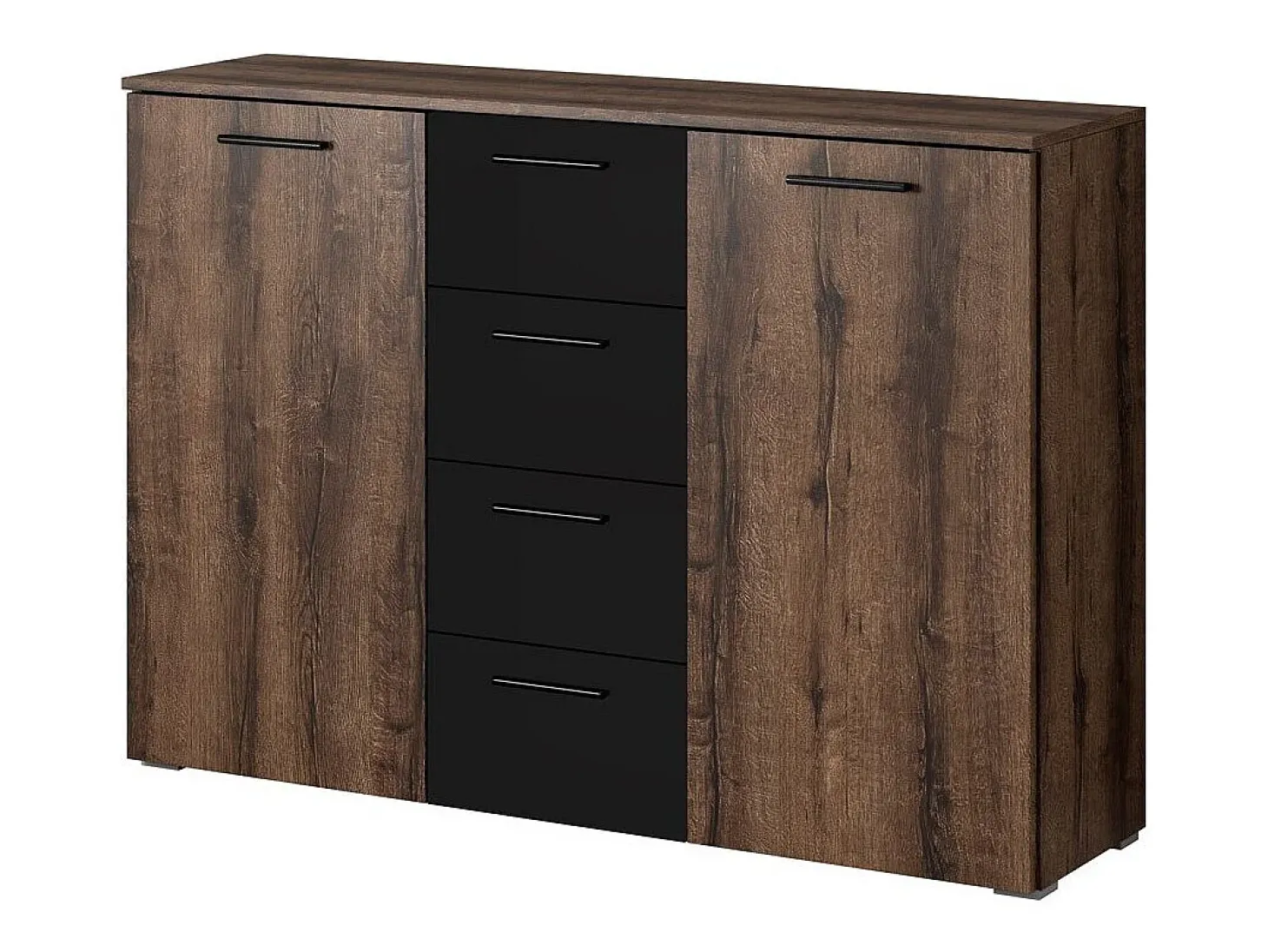 Quarto EOS: Guarda-roupa de 2 metros, Cama 180x200, Cômoda, Mesinhas de cabeceira. Cor carvalho escuro e preto.