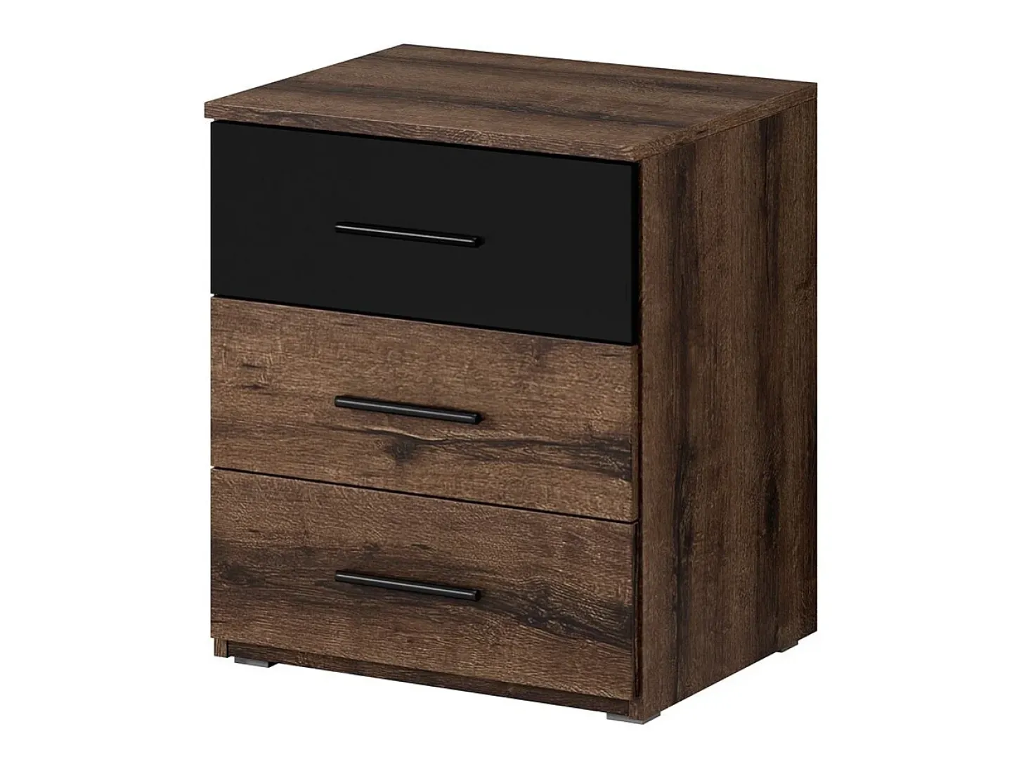 Quarto EOS: Guarda-roupa de 2 metros, Cama 180x200, Cômoda, Mesinhas de cabeceira. Cor carvalho escuro e preto.