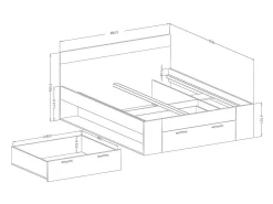 Quarto EOS: Guarda-roupa de 2 metros, Cama 180x200, Cômoda, Mesinhas de cabeceira. Cor carvalho escuro e preto.