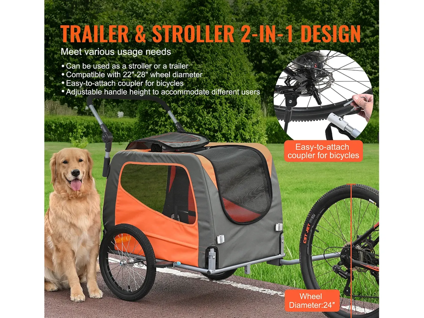 Reboque de Bicicleta 2 em 1, SucceBuy Reboque e Carrinho para Animais de Estimação, Capacidade de Transporte de Cães e Gatos de 30 kg, Resistente à Água