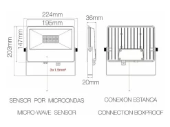 Refletor LED SKY 50W IP65 com sensor integrado 4000k Preto