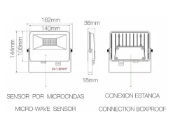 Refletor LED SKY 30W IP65 com sensor integrado 4000k Preto