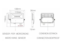 Refletor LED SKY 10W IP65 com sensor integrado 5000k Preto