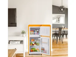 Retro Fridge A86x45Lcm - 2 portas LED Frigorífico Congelador 60L + 22L Congelador, 163kWh/ano, Duplo Suporte para Ovos e Três Prateleiras Internas - amarelo