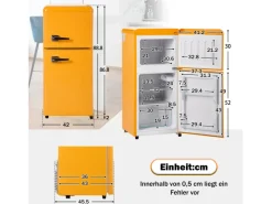 Retro Fridge A86x45Lcm - 2 portas LED Frigorífico Congelador 60L + 22L Congelador, 163kWh/ano, Duplo Suporte para Ovos e Três Prateleiras Internas - amarelo