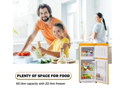 Retro Fridge A86x45Lcm - 2 portas LED Frigorífico Congelador 60L + 22L Congelador, 163kWh/ano, Duplo Suporte para Ovos e Três Prateleiras Internas - amarelo