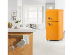 Retro Fridge A86x45Lcm - 2 portas LED Frigorífico Congelador 60L + 22L Congelador, 163kWh/ano, Duplo Suporte para Ovos e Três Prateleiras Internas - amarelo