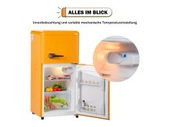 Retro Fridge A86x45Lcm - 2 portas LED Frigorífico Congelador 60L + 22L Congelador, 163kWh/ano, Duplo Suporte para Ovos e Três Prateleiras Internas - amarelo