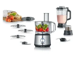 Robot multifunções SEVERIN KM3892 1200W inox/preto com liquidificador 1,5L, 3 discos 2-em-1, moinho de especiarias e gancho amassador