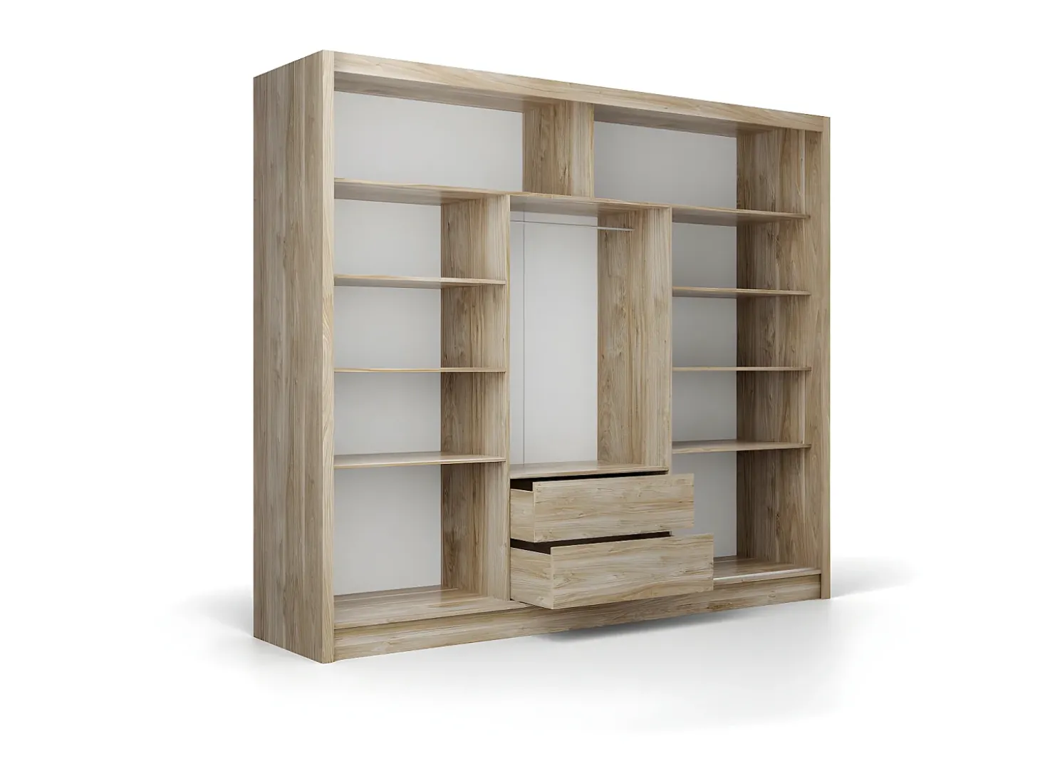 Roupeiro 3 portas de correr com espelho C250 cm natural e branco - LEOVIA