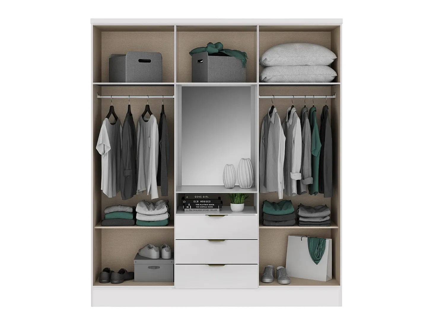 Roupeiro 6 portas e 3 gavetas com espelho C180 cm branco ELORIO