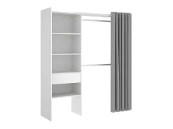 Roupeiro aberto extensível C110/160 cm com cortina e gaveta branco e cinza. LAURENT