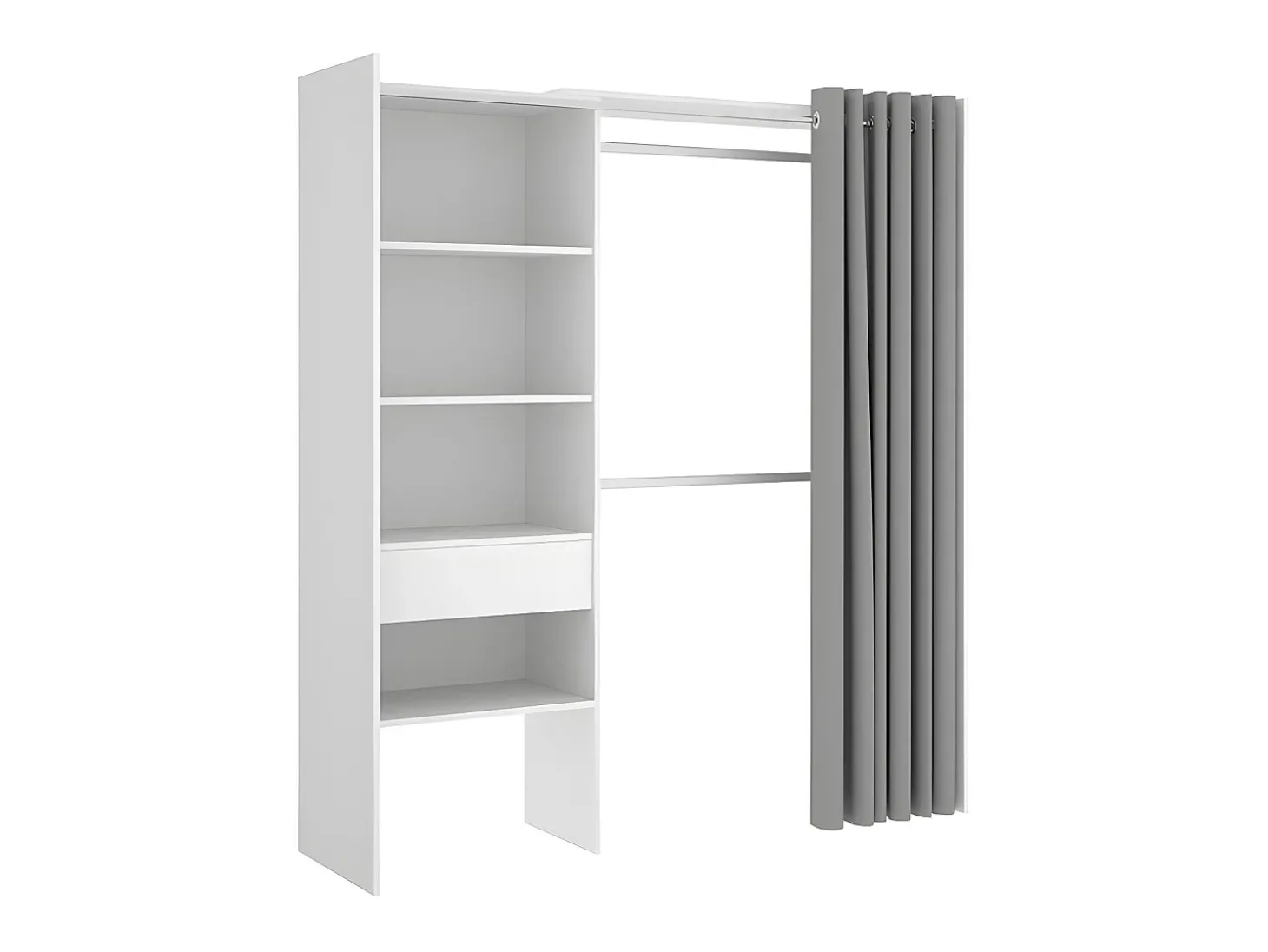 Roupeiro aberto extensível C110/160 cm com cortina e gaveta branco e cinza. LAURENT