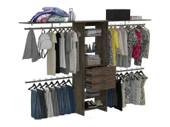 Roupeiro aberto Plego, com 3 gavetas, prateleira e calhas para pendurar, 187.45 cm X 299.97 cm X 41.40 cm , Castanho