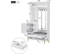 Roupeiro branco com 1 porta, 2 gavetas, 4 ganchos e 1 banco 100 x 35 x 180 cm