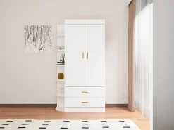 Roupeiro com 2 portas 2 gavetas e 6 prateleiras L100 cm branco e dourado - GRIMORI