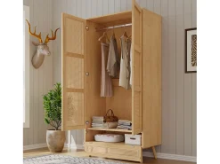 Roupeiro com espaço para pendurar roupa e 2 portas em rattan - Cor natural clara