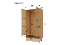Roupeiro com espaço para pendurar roupa e 2 portas em rattan - Cor natural clara