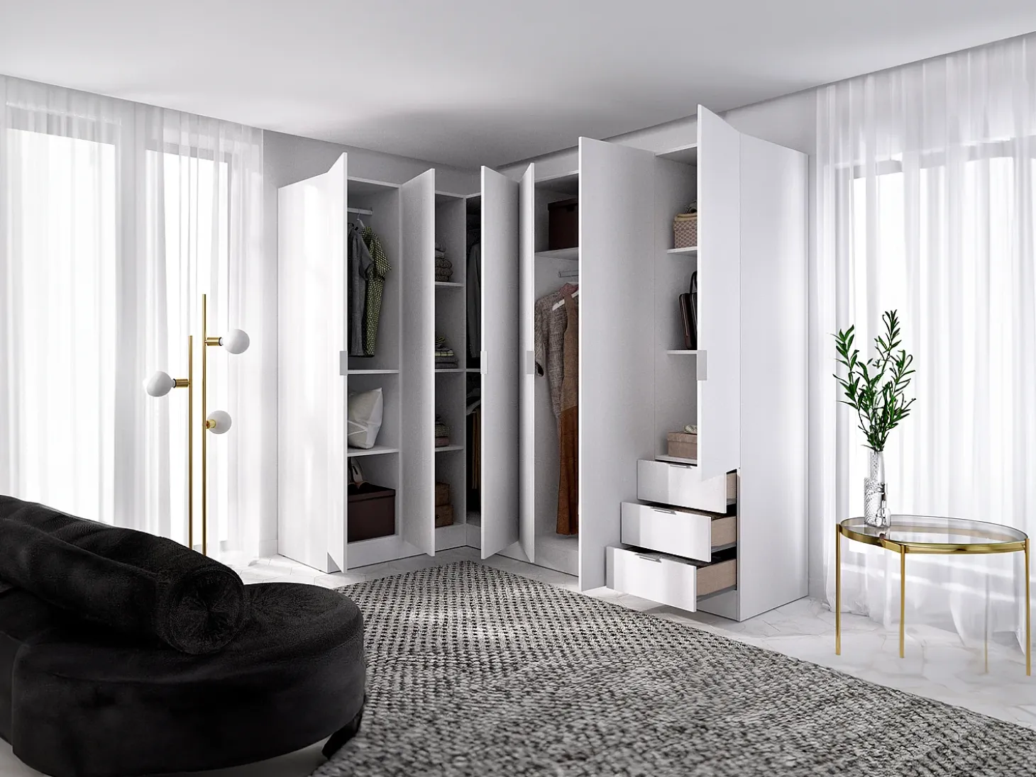 Roupeiro de canto com 6 portas e 3 gavetas C213 cm branco - LISTOWEL