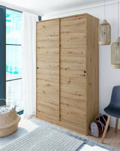 Roupeiro Dnoce, Roupeiro de quarto com 2 portas de correr, Armário com 4 prateleiras e varão, 120x50h200 cm, Carvalho Nodi