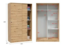 Roupeiro Dnoce, Roupeiro de quarto com 2 portas de correr, Armário com 4 prateleiras e varão, 120x50h200 cm, Carvalho Nodi