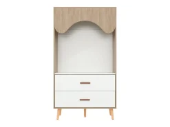 Roupeiro infantil com 2 gavetas e bengaleiro, em tons naturais e branco, com design aberto.