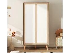 Roupeiro infantil com 2 portas de correr e bengaleiro, branco e natural, 80 × 45,7 × 141,5 cm