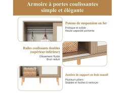 Roupeiro infantil com 2 portas de correr e bengaleiro, branco e natural, 80 × 45,7 × 141,5 cm