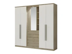 Roupeiro ISAK - 4 portas - Espelho e gavetas - L240cm - Carvalho e marfim
