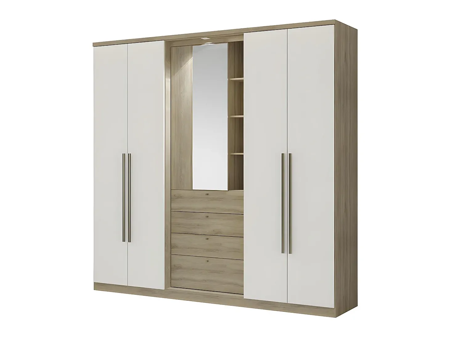 Roupeiro ISAK - 4 portas - Espelho e gavetas - L240cm - Carvalho e marfim