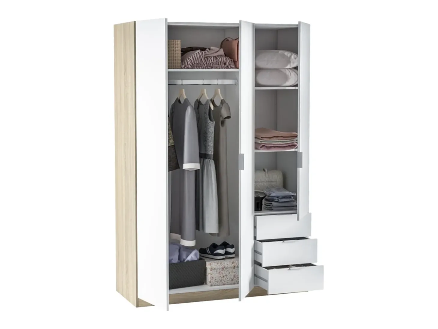 Roupeiro NINA 3 portas 3 gavetas 121x180 cm Madeira e Branco - Armazenamento Otimizado, Design Contemporâneo, Fabricação Europeia
