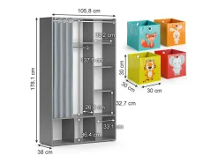 Roupeiro para crianças cinza 105.8x38x178.1 luigi