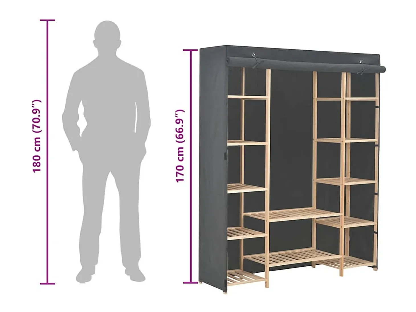Roupeiro 135x40x170 cm tecido cinzento