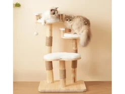 Árvore para gatos - 60 x 48 x 98 cm - com trampolim de 3 níveis + almofadas removíveis + bolas de brincar - Madeira - Branco