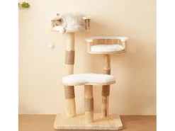 Árvore para gatos - 60 x 48 x 98 cm - com trampolim de 3 níveis + almofadas removíveis + bolas de brincar - Madeira - Branco