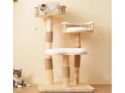 Árvore para gatos - 60 x 48 x 98 cm - com trampolim de 3 níveis + almofadas removíveis + bolas de brincar - Madeira - Branco