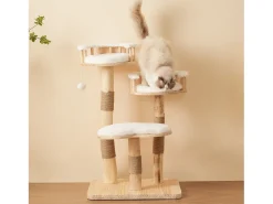 Árvore para gatos - 60 x 48 x 98 cm - com trampolim de 3 níveis + almofadas removíveis + bolas de brincar - Madeira - Branco