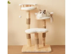 Árvore para gatos - 60 x 48 x 98 cm - com trampolim de 3 níveis + almofadas removíveis + bolas de brincar - Madeira - Branco