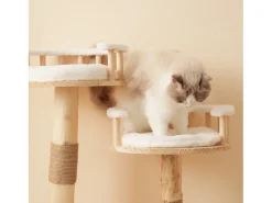 Árvore para gatos - 60 x 48 x 98 cm - com trampolim de 3 níveis + almofadas removíveis + bolas de brincar - Madeira - Branco