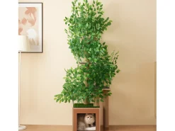 Árvore para gatos - 60 x 45 x 190 cm - com 4 plataformas + tocas para gatos - folhas removíveis - MDF - Verde