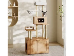 Árvore para gatos - 80 x 50 x 170 cm - com plataforma + comedouro + 1 rede - MDF - natural