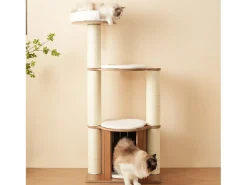 Árvore para gatos - 60 x 48 x 135 cm - com 3 plataformas + 1 casinha + tapetes removíveis - MDF - Branco