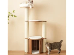 Árvore para gatos - 60 x 48 x 135 cm - com 3 plataformas + 1 casinha + tapetes removíveis - MDF - Branco