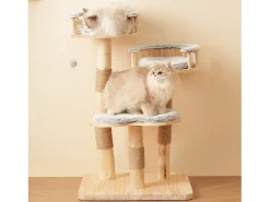 Árvore para Gatos - 60 x 48 x 98 cm - com Trampolim de 3 Níveis + Almofadas Removíveis + Bolas de Brinquedo - Madeira - Cinza