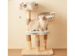 Árvore para Gatos - 60 x 48 x 98 cm - com Trampolim de 3 Níveis + Almofadas Removíveis + Bolas de Brinquedo - Madeira - Cinza