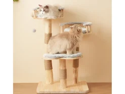 Árvore para Gatos - 60 x 48 x 98 cm - com Trampolim de 3 Níveis + Almofadas Removíveis + Bolas de Brinquedo - Madeira - Cinza